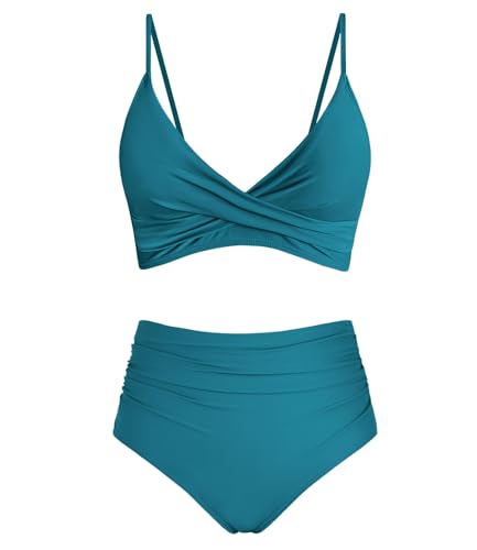 Image of Amy Babe Women's High Waisted Bikini Sets Push Up Twist Front Spaghetti Straps Ruched Two Piece Swimsuit Bathing Suit