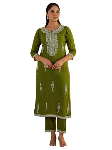 Image of INDO ERA Women's Viscose Rayon Floral Embroidered Straight Calf Length Kurta & Pant Set (IEAI11741)