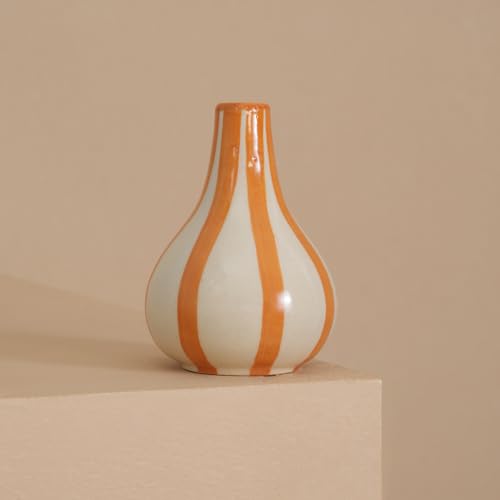 Image of PUREZENTO Yellow & White Striped 'Tulip Bud' Ceramic Vase 6 Inch (Pack of 1) | Unique Modern Bud Vase for Dried Flowers & Pampas Grass | Vases for Modern Home Decor, Living Room & Office Decor Ideas