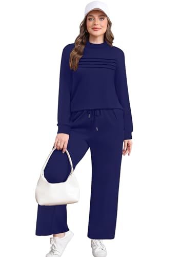 Image of WIHOLL Two Piece Sets for Women Fall Travel Vacation Outfits 2026 Long Sleeve Lounge Sets Side Slit Wide Leg Pants XS-3XL