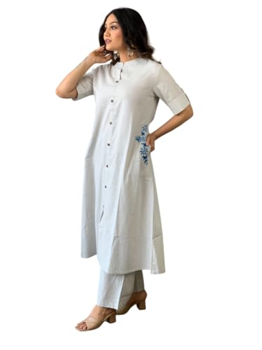 Image of Women's Cotton Embroiderd Long A-Line Kurti with Palazzo