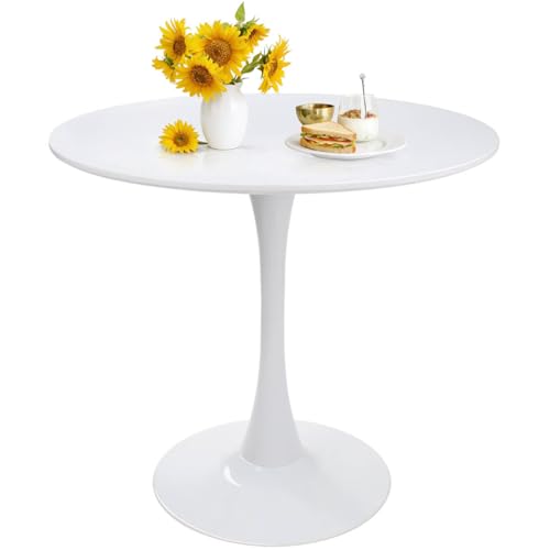 Image of Round Dining Table 31.5 inch White Tulip Table with Pedestal Base for 2-4 People Small Space - Kitchen Living Room Cafe