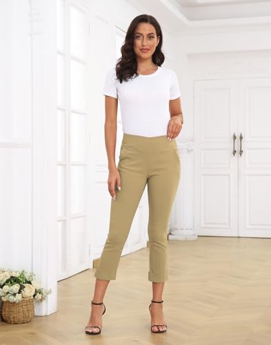 Image of HDE Pull On Capri Pant for Women w /Pockets Elastic Waist Cropped Work Pant | Comfortable Pull On Waist, Tailored Fit with Cuff, Stretchy Summer Office Pants, 24.25 inch Inseam, Professional Dress Capris