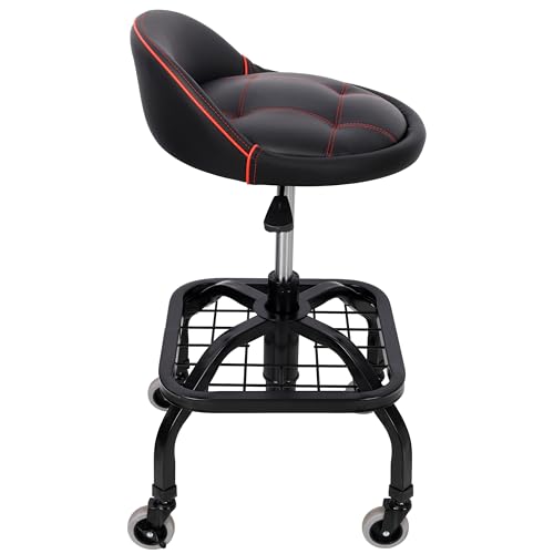Image of PU Leather Rolling Mechanic Stool, Adjustable Height, Padded Seat with Backrest, with Wheels and Storage Basket, for Garage, Workshop, Home