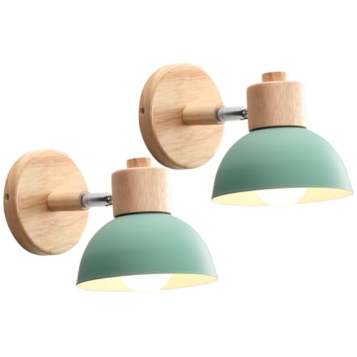 iDEGU 2 Pezzi Lampade da Parete Retrò Vintage Applique da Parete Interno in Metallo e Legno Moderne Faretto a Muro Orientabile E27 Luce da Camera da Letto Soggiorno (Verde)