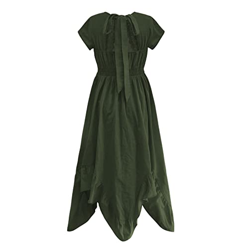 EnJoCho Beach Midi Dress for Girls Swing Dress Irregular Rockabilly Vintage Solid Dresses Retro Short (Army Green, 9-10 Years)4