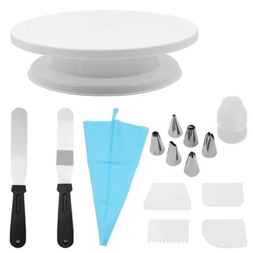 Alnicov 15pcs Cake Decorating Kit for Beginners Includes 11in Cake Turntable Nozzles Spatula Cake Scrapers Set Silicone Pastry Bag Baking Tools Accessories