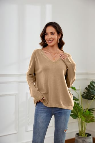 Womens Oversized Sweaters 2025 Casual Long Sleeve V Neck Lightweight Knit Pullover Sweater Tops4