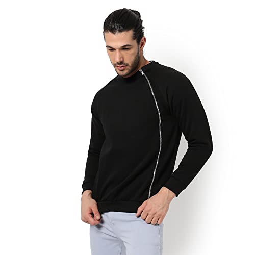 Image of Campus Sutra Men Crew Neck Sweatshirt with Zip Accent Black