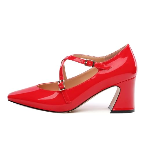 Chunky Block Heels for Women Closed Square Toe Patent Pumps Cross Strap High Heels Evening Party Dress Shoes 2.5IN2