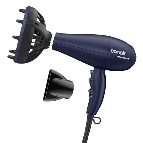 INFINITI PRO CONAIR Hair Dryer with Innovative Diffuser, Enhances Curls and Waves While Reducing Frizz, Dark Blue