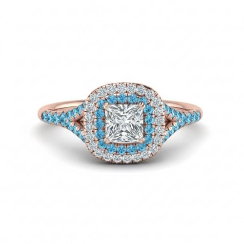 Image of Choose Your Gemstone Delicate Double Halo Diamond CZ Ring Rose Gold Plated Princess Shape Halo Engagement Rings Matching Jewelry Wedding Jewelry Easy to Wear Gifts US Size 4 to 12