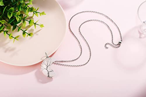 Image of XIANNVXI Tree of Life Wire Wrapped Crescent Moon Pendant Necklace Reiki Healing Crystal Stone Necklaces Natural Gemstone Quartz Jewelry for Women