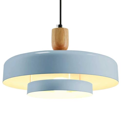 Image of Light Blue Pendant Light, Mid-Century Modern Wood Hanging Lamp | Adjustable 59 inch Cord, Fits Flat / Sloped Ceilings, E26 Socket, Ideal For Kitchens, Dining Rooms, Bedrooms, Living Rooms
