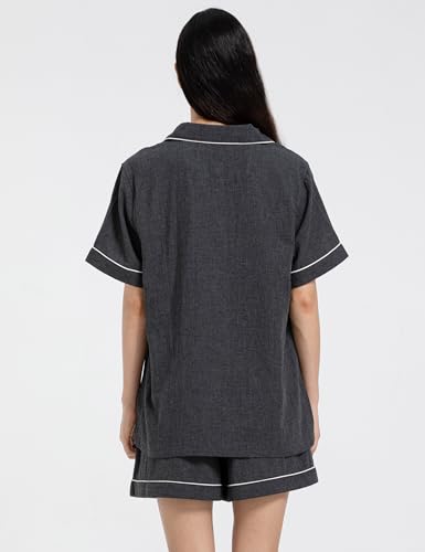Image of Womens Muslin Pajama Set 100% Cotton Double Gauze Linen Like | Breathable Soft Comfort Button Up Loungewear Sleepwear PJ Set