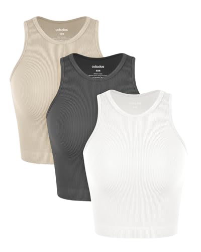 Image of ODODOS 3-Pack Seamless Crop Tank for Women Ribbed Soft High Neck Cropped Tops