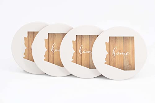 4 Absorbent Ceramic Drink Coasters with Cork Back, Artist Designed, 4” Circle Coaster Set, Protects Tabletop, Great Housewarming Gift (Arizona State Shape Large Wood Plaques)
