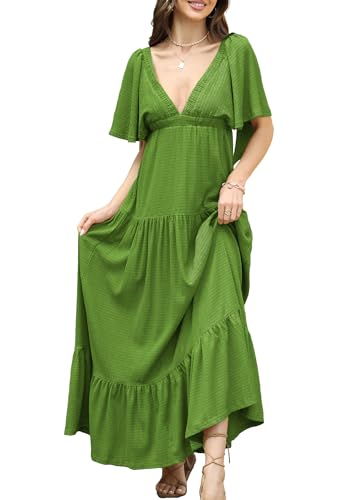 Image of Kikibell Women Summer Dresses Sexy V-Neck Maxi Dress Tiered Silhouette with Flutter Sleeve Backless Elastic Waist Flowy Dress