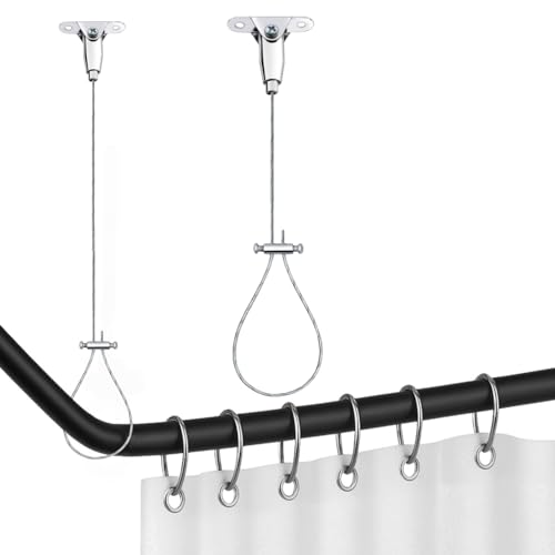 Image of Shower Curtain Rod Ceiling Support – Adjustable 304 Stainless Steel Anti-Sagging Shower Rod Support Bracket, Rustproof Ceiling Mounted Holder for Curved, L-Shaped & Sloped Ceilings (2)