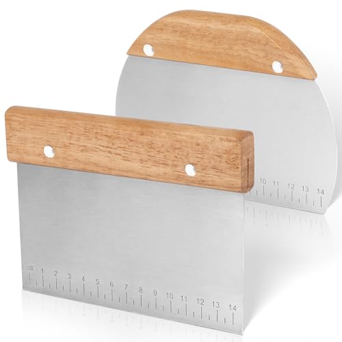 Fzyisw 2Pcs Dough Scraper with Scale 15CM Food Grade Stainless Steel Dough Cutter with Wooden Handle, Bench Scraper, Pastry Scraper Kitchen Scraper for Pizza, Bread, Pastry, Cake Dough Baking Shaping