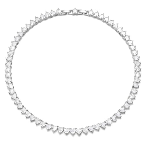 FEEL STYLE Heart Tennis Necklace for Women - 4mm 6mm 18K White Gold Plated Diamond Necklace - Iced Out Choker Necklaces Cubic Zirconia Tennis Necklace 16-18inch