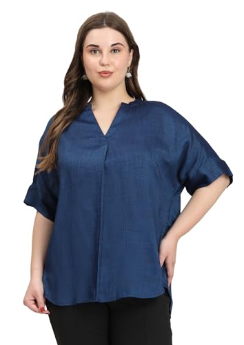 Image of SINDOORI Relaxed Fit Tops for Women Plus Size Solid Printed Mandarin Collar, Band Collar, V-Neck Top, Half Sleeve Loose Fit
