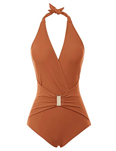 Sexy Bikini Femme Body Guide Tankini Push up Maillot de Bain Halterneck Femme 1 Pièce Marron L CL979-9