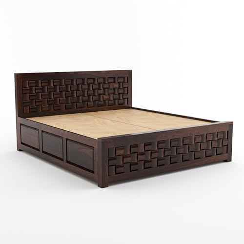 Image of Sheesham Wood King Size Bed with Storage Box | Wooden Box Bed King Size Double Cot Bed with Storage for Bedroom | Premium Niwar Design Headboard Bed for Hotel, Home | Walnut Finish