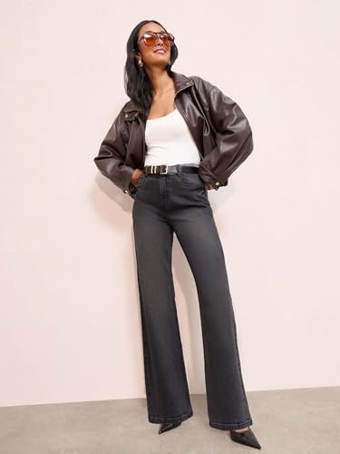 Image of KOTTY Women's High Rise Wide Leg Jeans|Cotton Blend Straight Fit Denim|Trendy Comfortable Casual Wear
