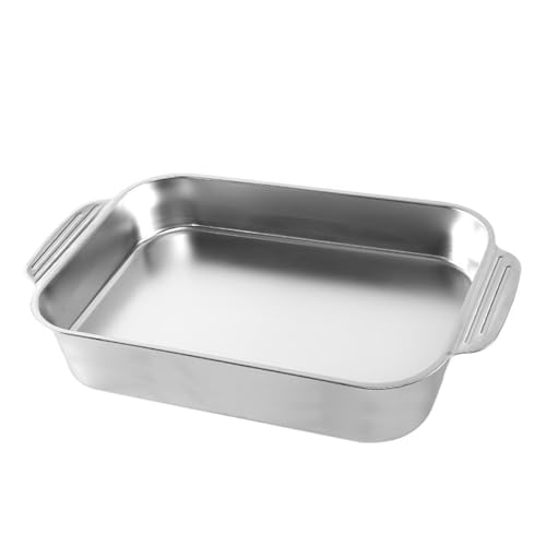 Stainless Steel Rectangular Lasagna Pan Deep Roasting Pan 33/37/41/45/51cm Fish Baking Tray Cake Pan Food Dish Steam Plate Servicing Platter Dishwasher Safe for Cooking Turkey Beef (33cm,Silver)