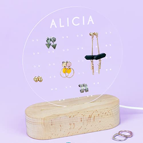 Made in Gift Joyero Luminoso de Metacrilato sobre Base de Madera Personalizado con Nombre Grabado a Láser como Lámpara con Luz Blanca de Cable USB para Pendientes, Anillos y Colgantes (Circular)