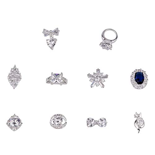 10pcs Luxury Silver Crystal Nail Zircon Gem Jewels Ring 3d Nail Art Charms Rhombus Design Snowflake Bows Chain Supply