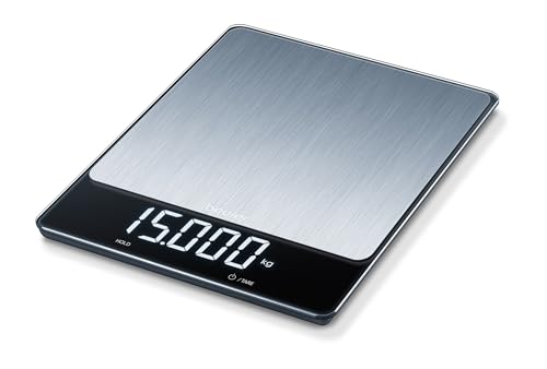 Beurer KS 34 XL Balance de cuisine en acier inoxydable pour un poids précis jusqu'à 15 kg, avec fonction de tare pratique, fonction de maintien et affichage...