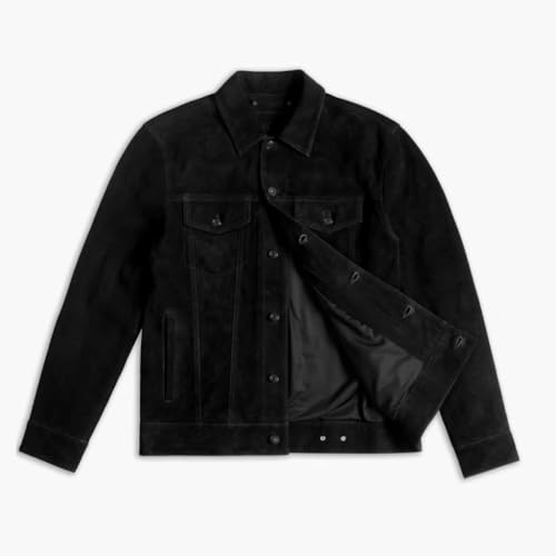 Image of Isaac & David Chicago Men's Vintage Trucker Suede Leather Jacket - Denim Biker Cafe Racer Causal Western Cowboy Jacket