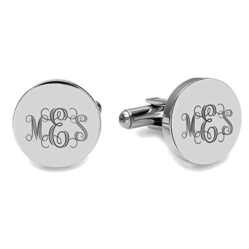Personalized Circle Silver Stainless Steel Cufflinks Monogram Custom Engraved Free - Ships from USA2