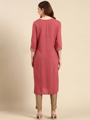Image of SHOWOFFFF Women Solid Straight Ethnic Kurta | Round Neck 3 /4th Sleeves Cotton Kurta for Womens | Regular Fit Calf Length Kurta for Women's