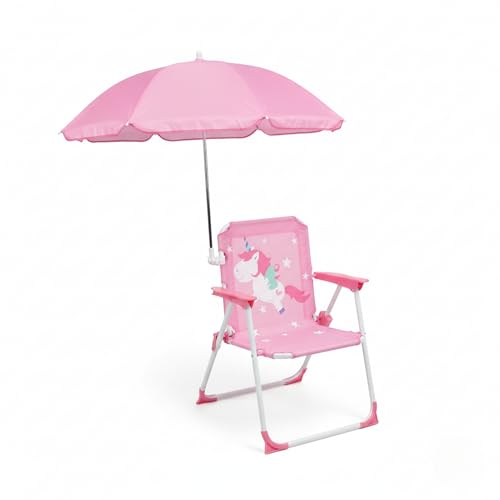 Cadeira de Praia Infantil com Guarda-Sol | Estampas Divertidas | Leve e Dobrável (Rosa/Unicórnio)