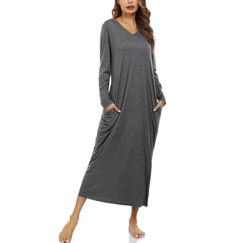 Marvmys Women Cotton Long Nightgowns Long Sleeves Nightshirts V Neck Full Length Sleep Shirts with Pocket Dark Grey 3X-Large