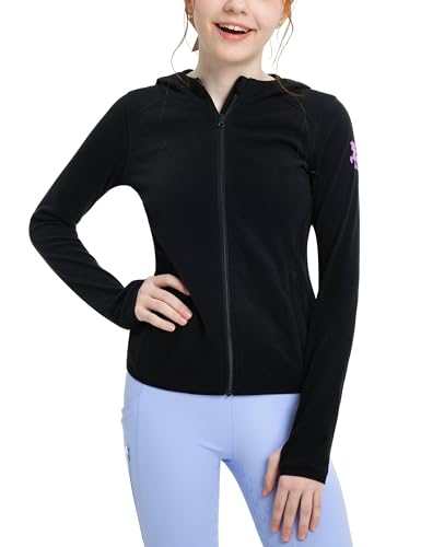 FitsT4 Sports Girls Fleece Horse Riding Jackets Hoodie Kids Equestrian Shirts Full Zip Up Long Sleeve Thumbholes for Winter,Black,M