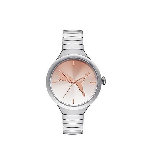 Puma Reloj Contour para mujer, movimiento de cuarzo con correa de poliuretano, silicona, piel o acero inoxidable, Marrón y tono platead