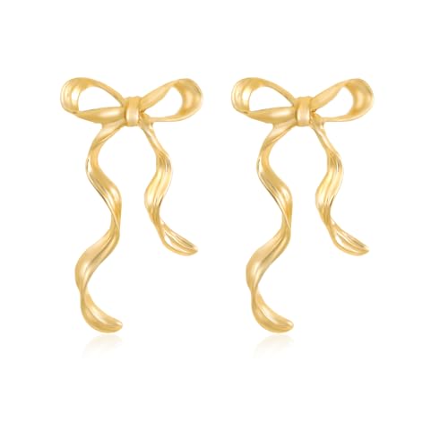 Cute Gold Bow Drop Elegant Statement Earrings - Bow Tassel, Minimalist Ribbon Design For Women's Prom, Birthday Party Jewelry