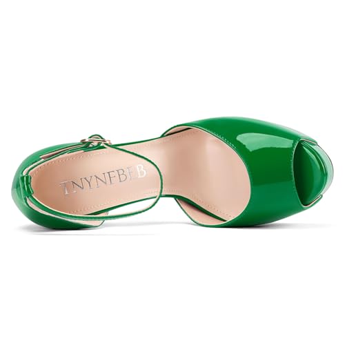 Image of TNYNFBEB Womens Stiletto High Platform Heel Peep Open Toe Sandals Ankle Strap Buckle Prom Party Dress Patent Leather 6.1 Inches Heels