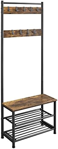Yaheetech Metal Coat Rack Stand, Hall Tree with 9 Removable Hooks & 3-Tier Shoe Shelves, Entryway Coat Stand Multifunctional Storage Organizer,184.5CM,Rustic Brown