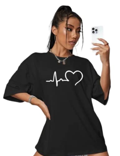 Image of MyTees Pure Cotton Oversized T Shirts for Women Casual Printed Baggy Oversized Round Neck Drop Shoulder Tshirt Black T-Shirt Size S to XL