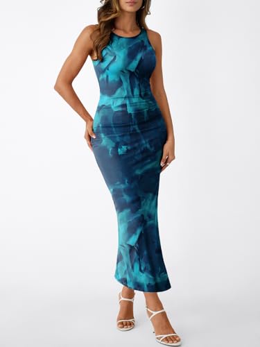 Image of Trendy Queen Bodycon Maxi Dress Womens Sleeveless Floral Print Fitted Party Club Ruched Dresses with Side Slit