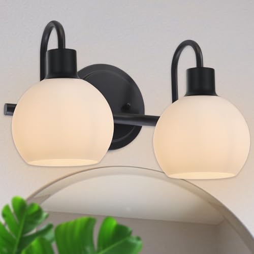 Image of 2-Light Black Bathroom Light Fixture, Milk White Globe Wall Sconce Lamp for Hallway Bedroom Foyer Cabinets, Modern Vanity Lights E26 Socket
