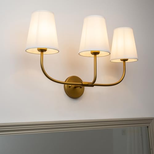 Image of Pathson 3 Lights Fabric Wall Sconce Lamps Pure White Fabric Lampshade, Vintage Fabric Wall Vanity Light, E26 Bulb Base Brass Wall Lighting Fixtures Decor for Living Room