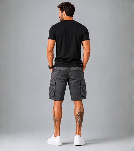 Image of L'MONTE Men's Imported Cotton Casual Relaxed Fit Outwear Cargo Shorts with Expandable Elastic Waist and Multi Pockets