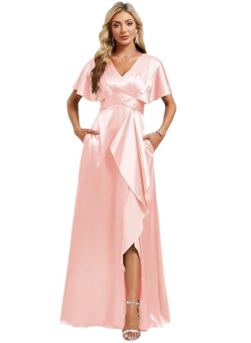 Image of Elegant Satin Bridesmaid Dress with Sleeves Ruffles High Silt Formal Dresses Long for Women Fall DIN022