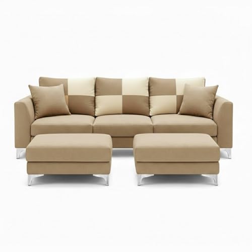 Image of Romeo Rich Velvet Suede 3 Seater Sofa Set with 2 Ottomans | Golden Aesthetic Legs | Spacious Soft Touch Comfort Seating | Modern Sofa for Living Room (Beige)